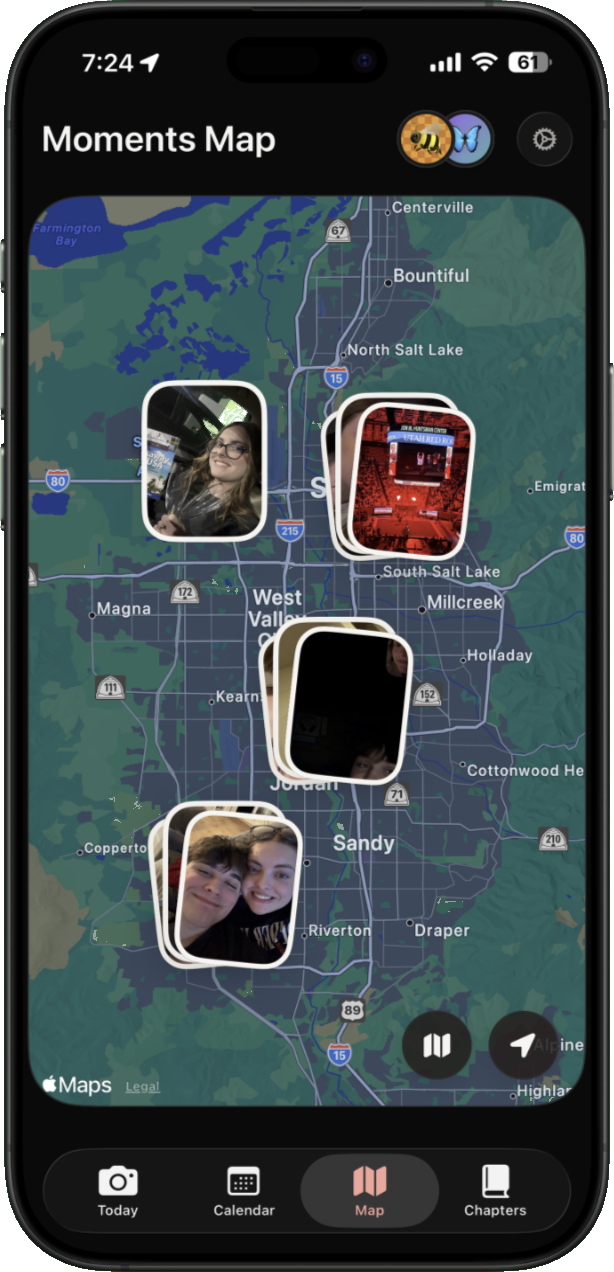 Map view — memories pinned to places